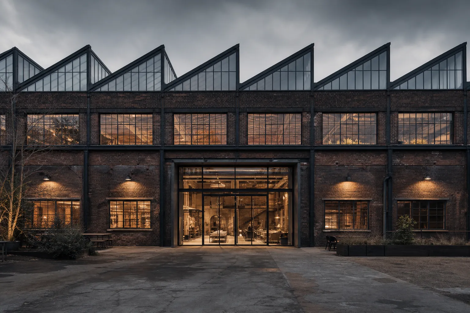 Foundry Yard, a former steel fabrication works on Kelham Island, Sheffield, with a north-light saw-tooth roof