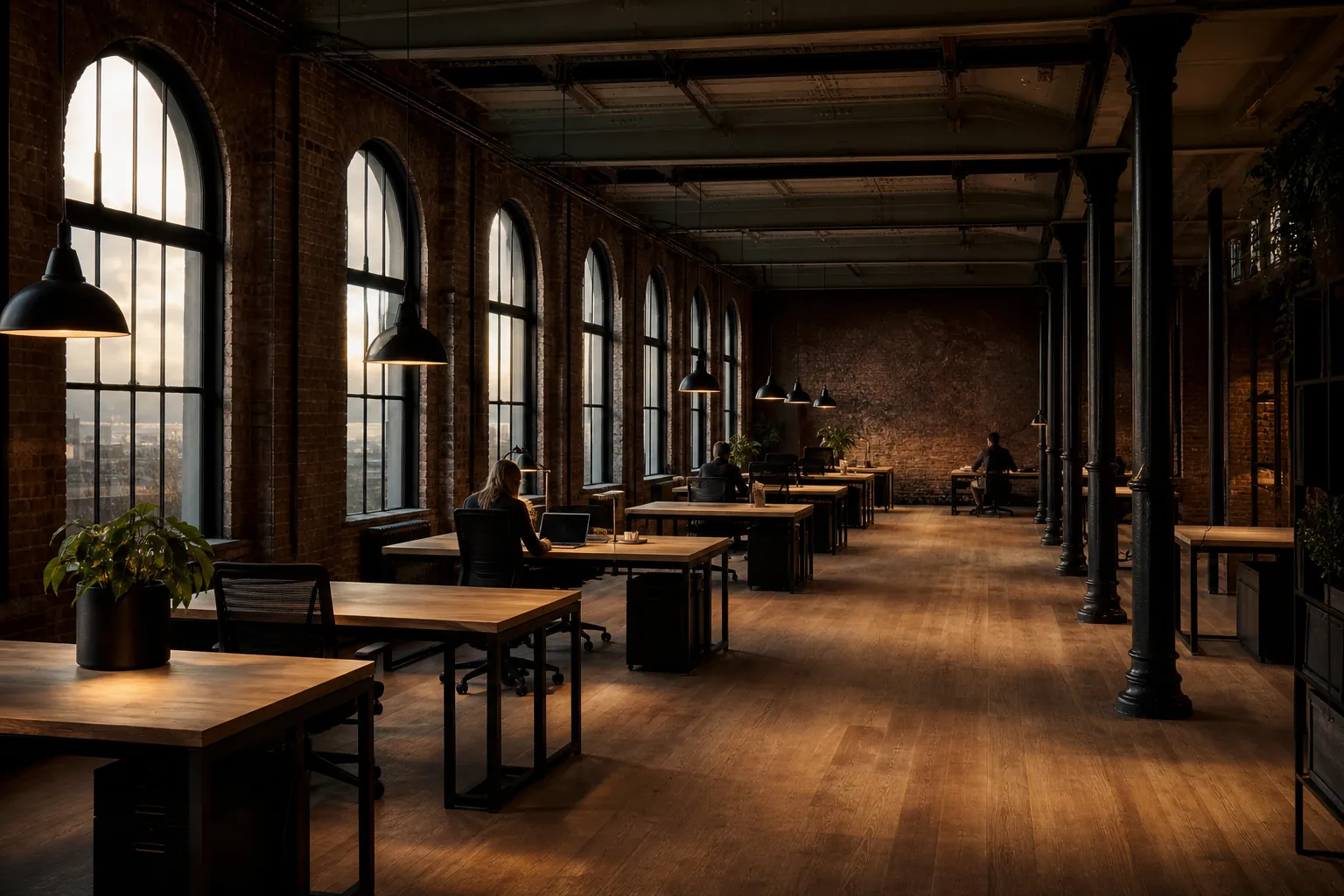The open coworking floor at Ashfold Mill: oak desks under cast iron columns, tall arched windows down one side, pendant lamps lit