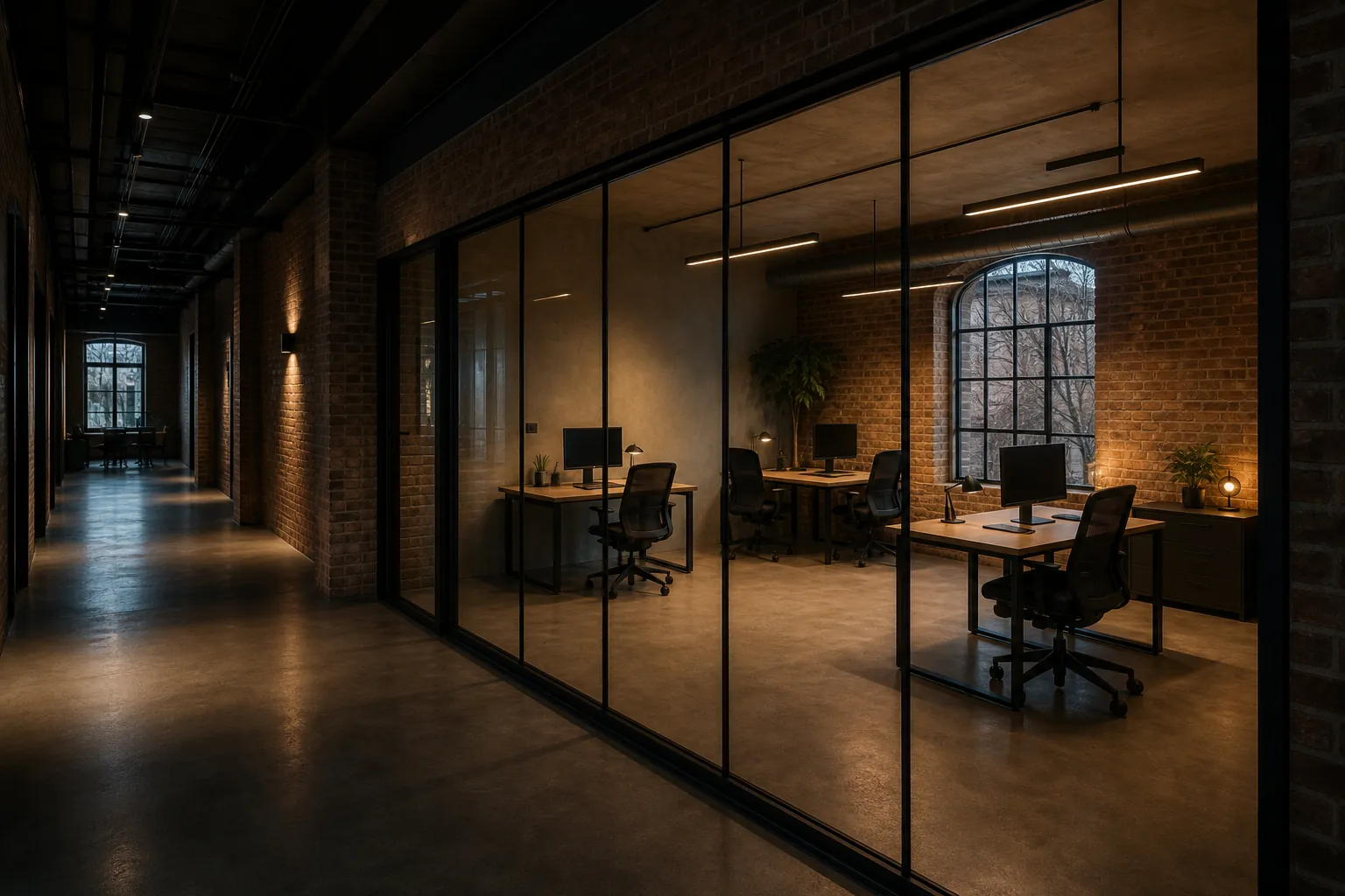 A small private office for four seen from the corridor through a full-height black-framed glass partition, warm light inside against the darker corridor