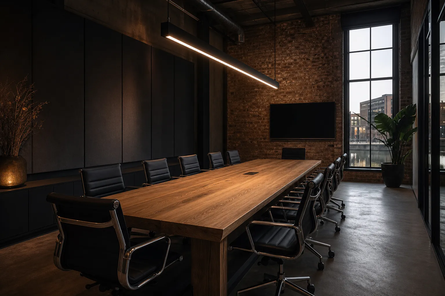 A meeting room for ten: long oak table, black leather chairs, bare brick end wall, a dark screen, a linear pendant light