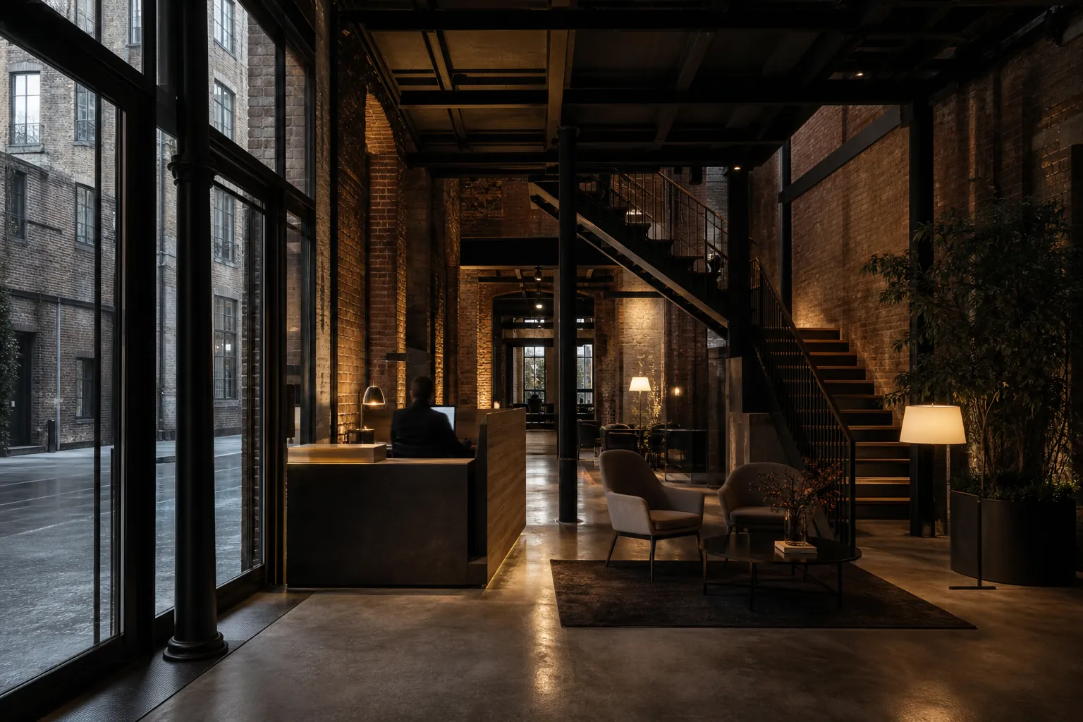 The entrance hall at Ashfold Mill: an oak and blackened steel reception desk, armchairs on a dark rug, a black steel staircase behind