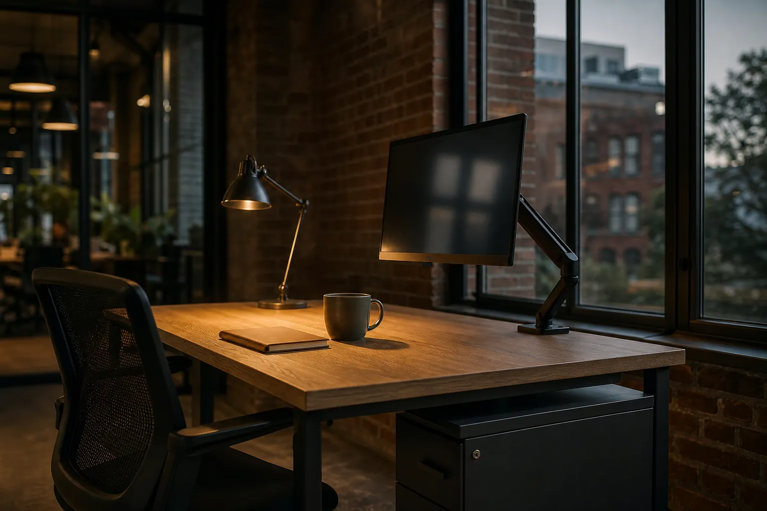 A dedicated desk: oak top, monitor on a black articulated arm, lockable steel pedestal beneath, brick and a tall window behind